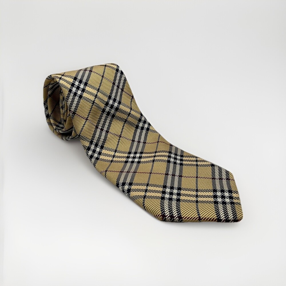 Burberry London Men's Designer Silk Plaid Tie Beige Black White Red